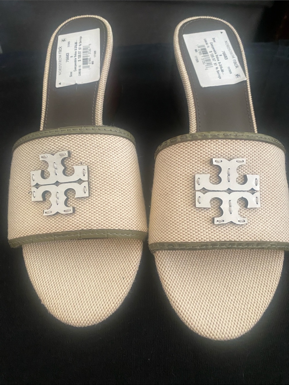 Tory Burch Beige and Olive Canvas Logo Slide Sandals